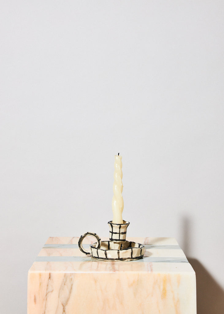 Caroline Harrius Checkered Candleholder Original Artwork Ceramic Sculpture Contemporary Candlestick Porcelain Object Swedish Artist Ceramic Art Minimalistic Graphical Pattern Affordable Art